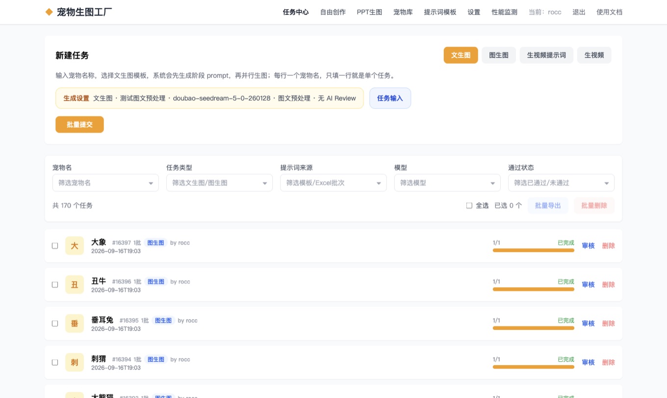 任务中心:左侧是批量生成设置与输入区,右侧是任务列表与筛选